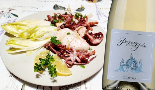 Calamari alla Piastra e Est! Est!! Est!!! Classico di Montefiascone Poggio dei Gelsi 2021 Famiglia Cotarella