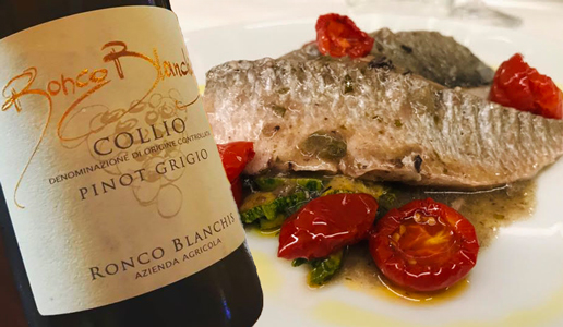 Filetto di orata con pomodorini e crema di prezzemolo con Collio Pinot Grigio 2018 Ronco Blanchis