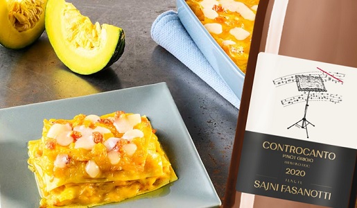 Lasagna con zucca e Trentino Pinot Grigio Ramato Controcanto 2020 Tenute Sajni Fasanotti