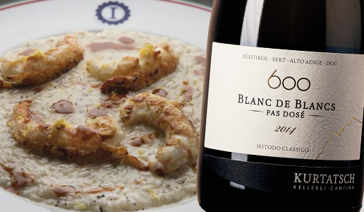 Risotto al tè nero affumicato con scampi e limone abbinato a Alto Adige Spumante Riserva Pas Dosé 600 Blanc de Blancs 2014 Kurtatsch Kellerei-Cantina