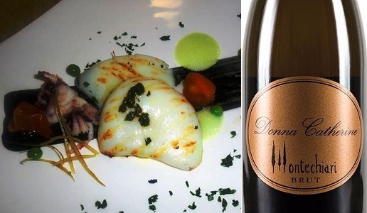 Seppie arrosto con pomodorini confit Montechiari Brut Donna Catherine 2016 Fattoria di Montechiari