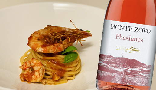 Spaghetti con gamberi in rosso e Phasianus Corvina Rosato Verona Igt 2019 Cottini Monte Zovo