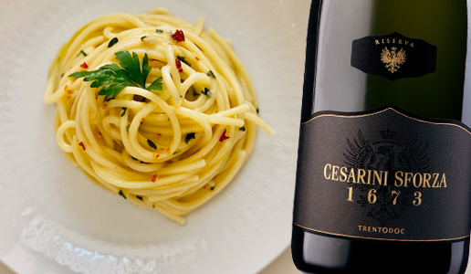 spaghetti aglio olio e peperoncino con Trentodoc 1673 Riserva Cesarini Sforza