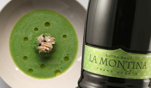 Vellutata di piselli con le vongole e Franciacorta Extra Brut La Montina