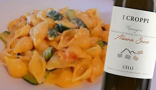 Conchigliette zucchine, speck e zafferano e Romagna Albana Secco I Croppi 2020 Celli