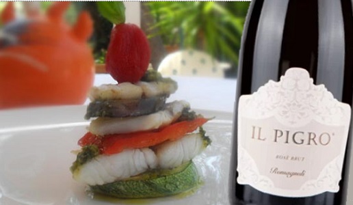millefoglie di ricciola e Il Pigro Metodo Classico Rosé Cantine Romagnoli Villò