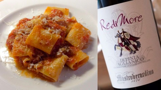 Paccheri all'amatriciana e Redimore Irpinia Aglianico Igt Mastroberardino