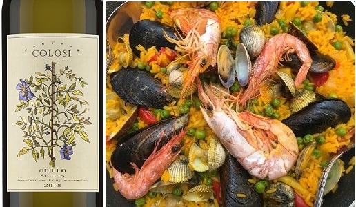 Paella di pesce e Grillo Sicilia Doc 2018 Cantine Colosi
