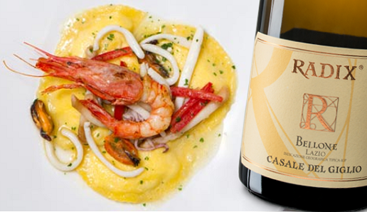 Ravioli di ricotta alla pescatora e Lazio Bianco Radix Bellone 2017