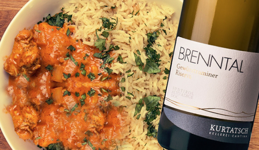 Curry di salmone con Alto Adige Gewürztraminer Brenntal Riserva 2017 Kurtatsch Kellerei-Cantina