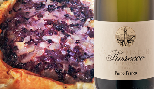 Torta rustica con radicchio, brie e pere e Valdobbiadene Prosecco Superiore Dry Primo Franco 2019 Nino Franco