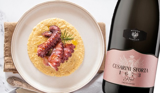 Vellutata di ceci e polpo arrosto con Trentodoc 1673 Rosé 2015 Cesarini Sforza