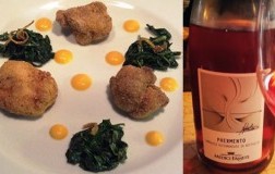 Animelle-fritte-su-cicoria-saltata-con Lambrusco-Phermento-Medici-Ermete