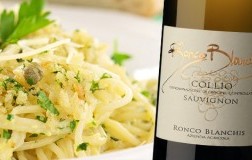 Spaghetti con baccalà e Collio Sauvignon 2019 Ronco Blanchis