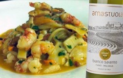 Spaghetti alla chitarra gambero rosso e Salento Bianco Cantine Amastuola