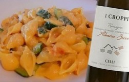 Conchigliette zucchine, speck e zafferano e Romagna Albana Secco I Croppi 2020 Celli