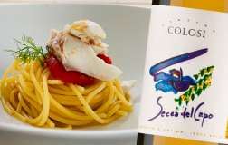 Spaghetti con pomodori confit e orata con Secca del Capo Salina Igp 2019 Cantine Colosi 